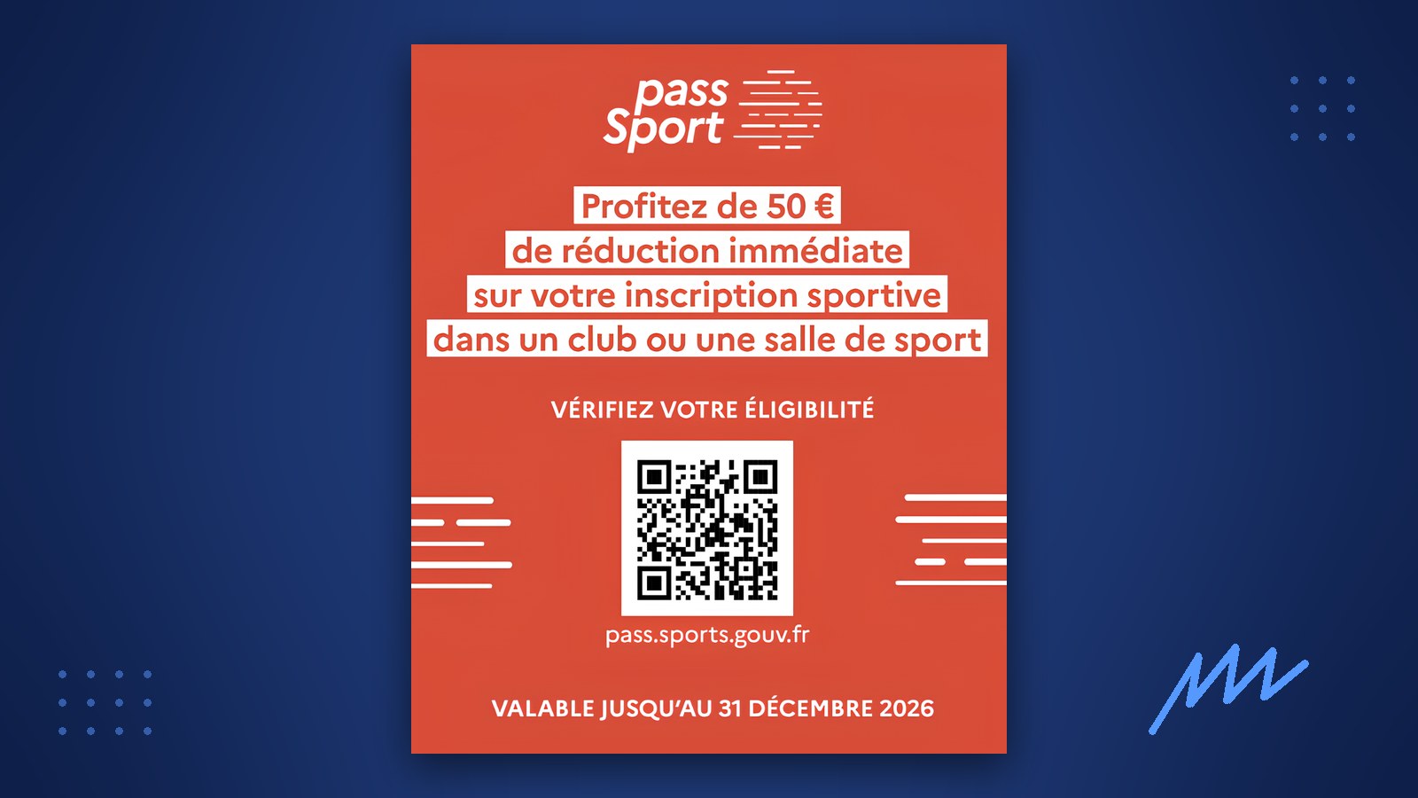 Affiche Pass Sport : 50 € de réduction immédiate sur une inscription sportive, valable jusqu'au 31 décembre 2026